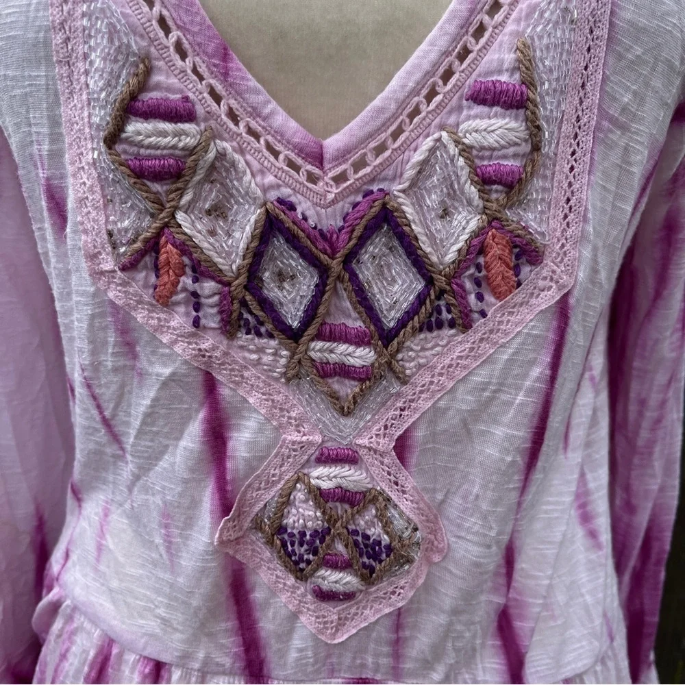 Free People Summer Nights Pink Tie Dye Embellished Tunic - Size Large